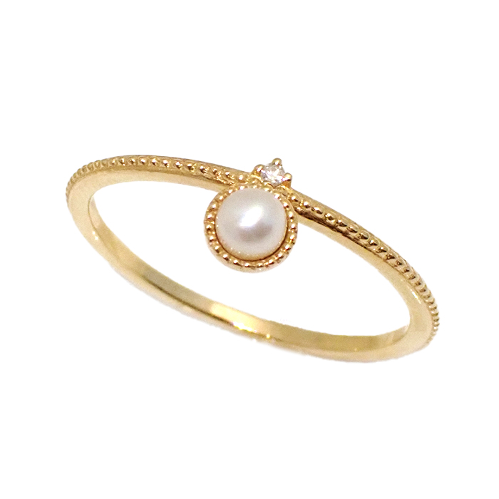 エテ(ete) K10 ベビーパール ダイヤ 指輪 7号 ゴールドカラー