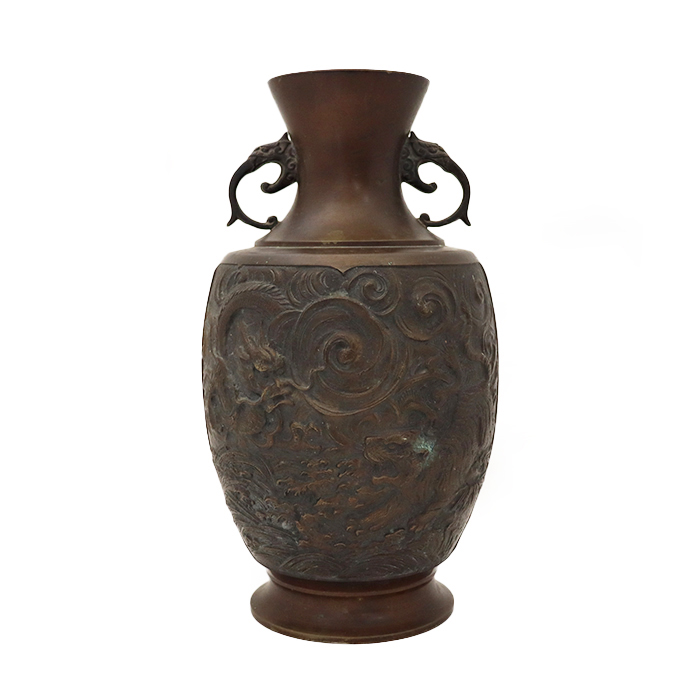 【セール価格】能作吉秀(のうさくよしひで)青銅花瓶 双耳壷 鋳銅製 花入れ 龍 虎
