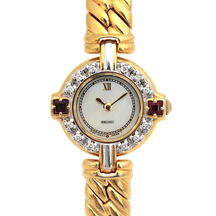 セイコー(SEIKO) エクセリーヌ 1F20-0B70 ダイヤ・ルビーベゼル 腕時計 ホワイトシェル文字盤