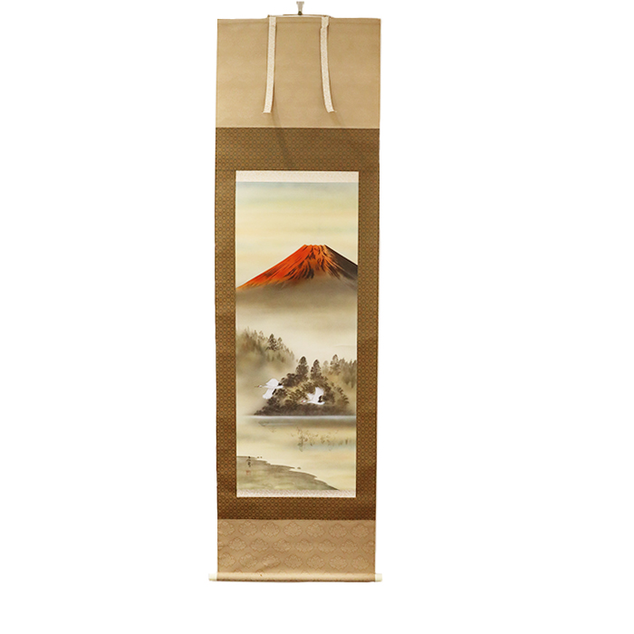 掛軸 岳村 「赤富士」 尺五立 鶴 箱付き