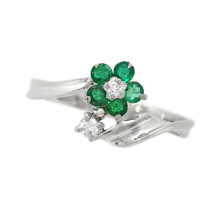 Pt900 エメラルド 指輪 11号 花 フラワーモチーフ シルバーカラー