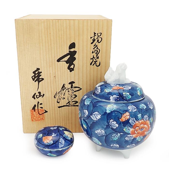 鍋島焼 香炉 香合セット 虎仙窯 牡丹唐草 伊万里 狛犬 共箱付き