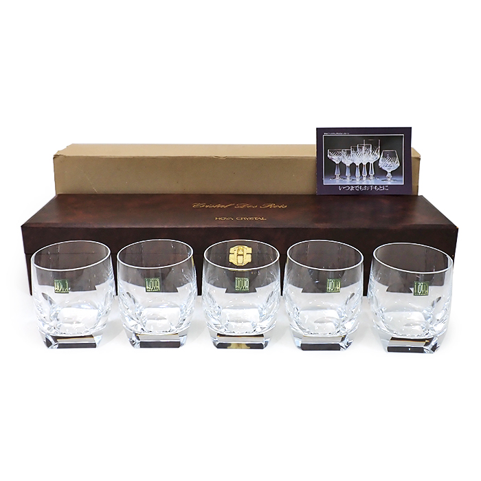 ホヤ クリスタル(HOYA CRYSTAL) クリスタル デ ロア Crystal Des Rois ロックグラス 5点セット 4面Qカット ケース付き クリア
