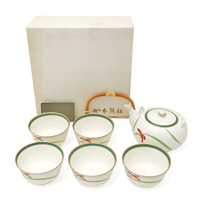 香蘭社(こうらんしゃ) 茶器 6点セット 急須 湯呑み 5客 GB600A0Z 蘭 金縁 金彩 箱付き ホワイト グリーン