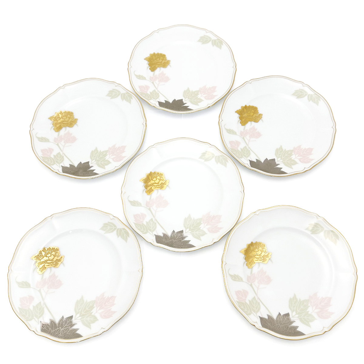 大倉陶園(OKURA) プレート 金銀蝕ボタン 6枚セット ケーキ皿 金彩 銀彩 技法シリーズ