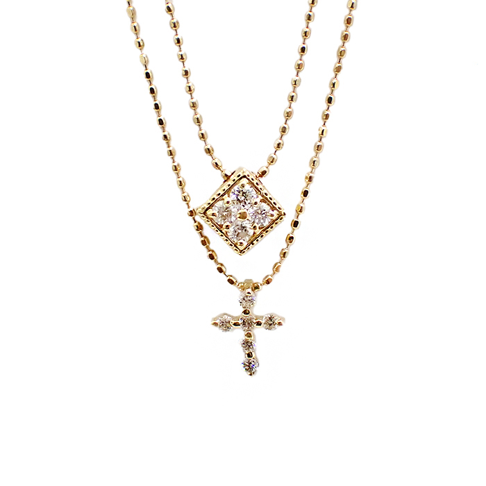K18 ダイヤモンド ネックレス 2連 クロス スクエア ゴールド